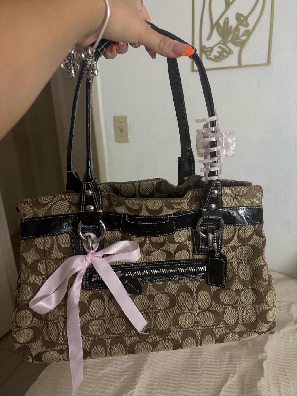 Coach Brown Signature Canvas Shoulder Bag with Black Trim